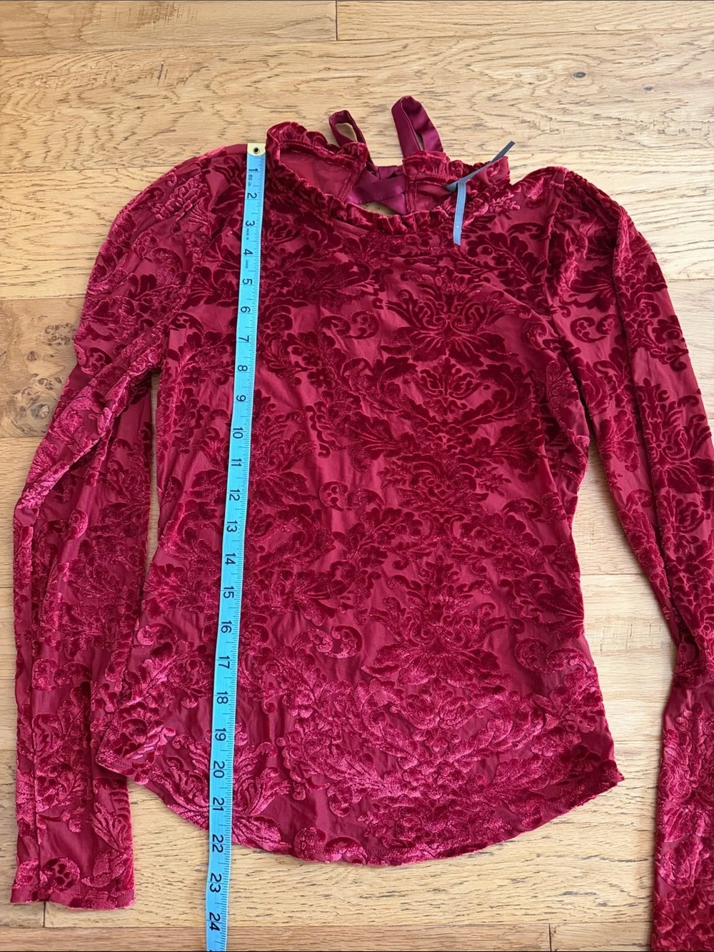 S - Anthropologie-Deep Burgundy Burnout Velvet Long-Sleeve Top with Lace-Up Back